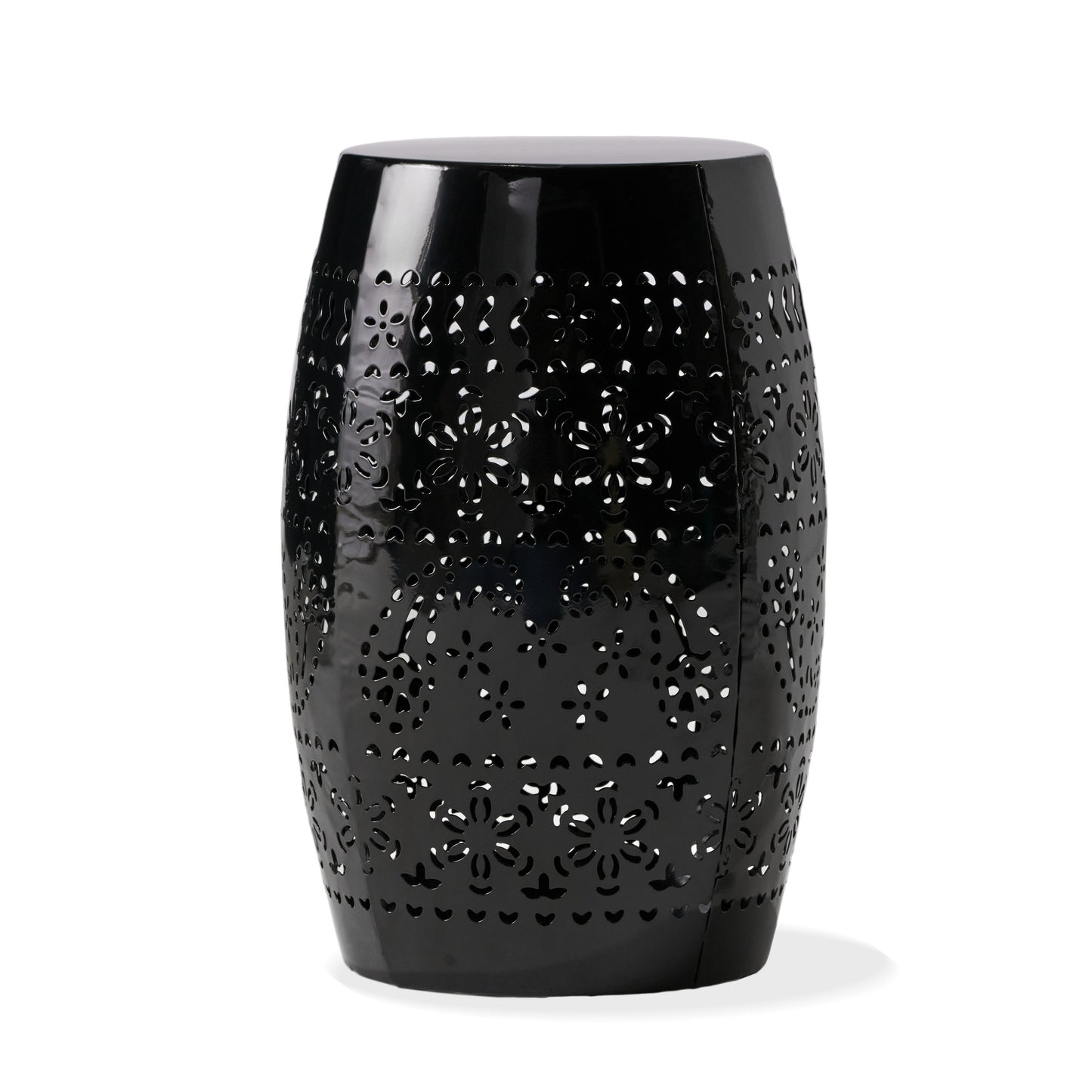 RUBY Side Table, Lace Cut Metal End Table for Outdoor & Indoor Use, Barrel Shape Accent Table with No Assembly Needed for Garden, Patio, Living Room, Backyard Decor,Black Color