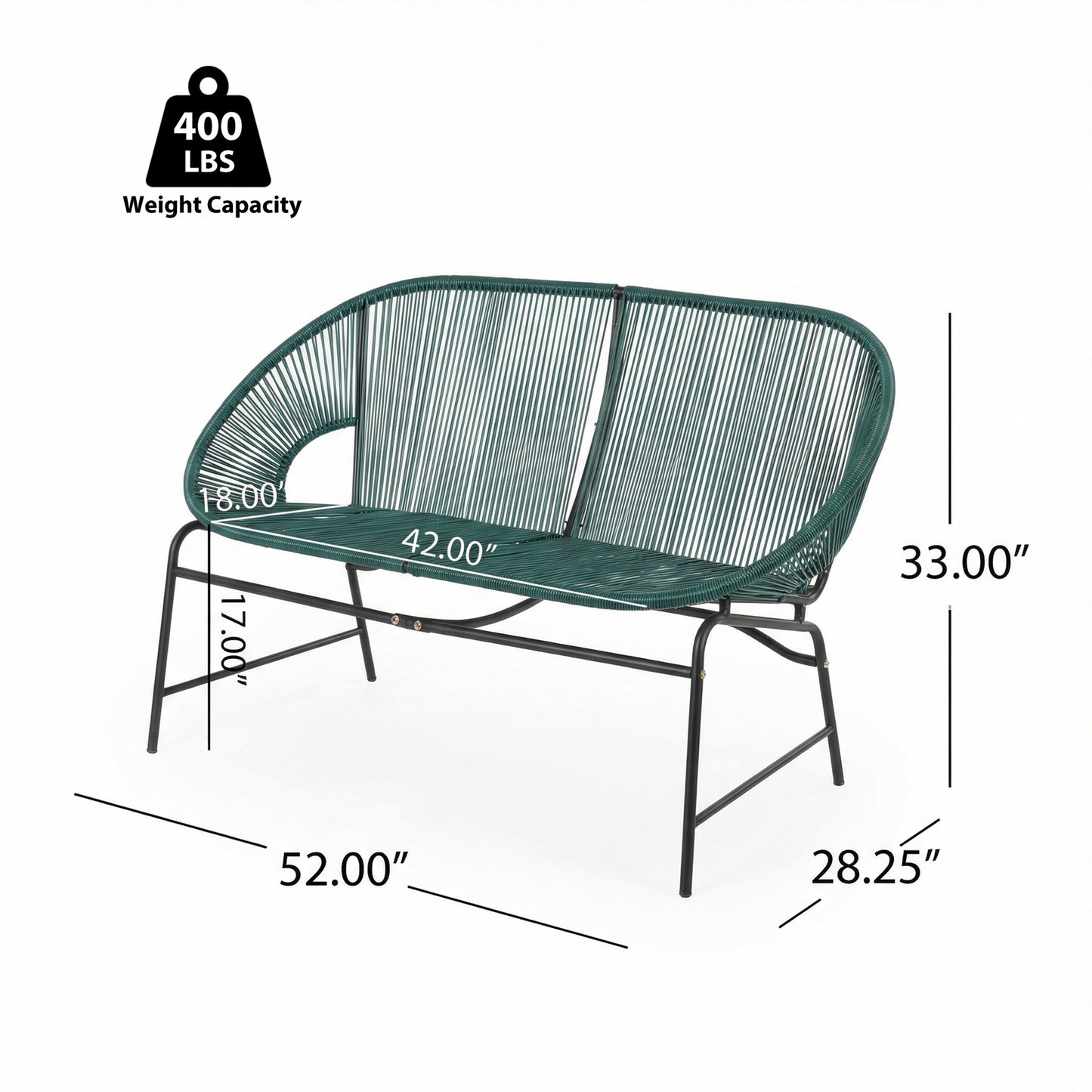 CONDESSA OUTDOOR PATIO WICKER LOVE SEAT, GREEN PE RATTAN & IRON FRAME, SET OF 1
