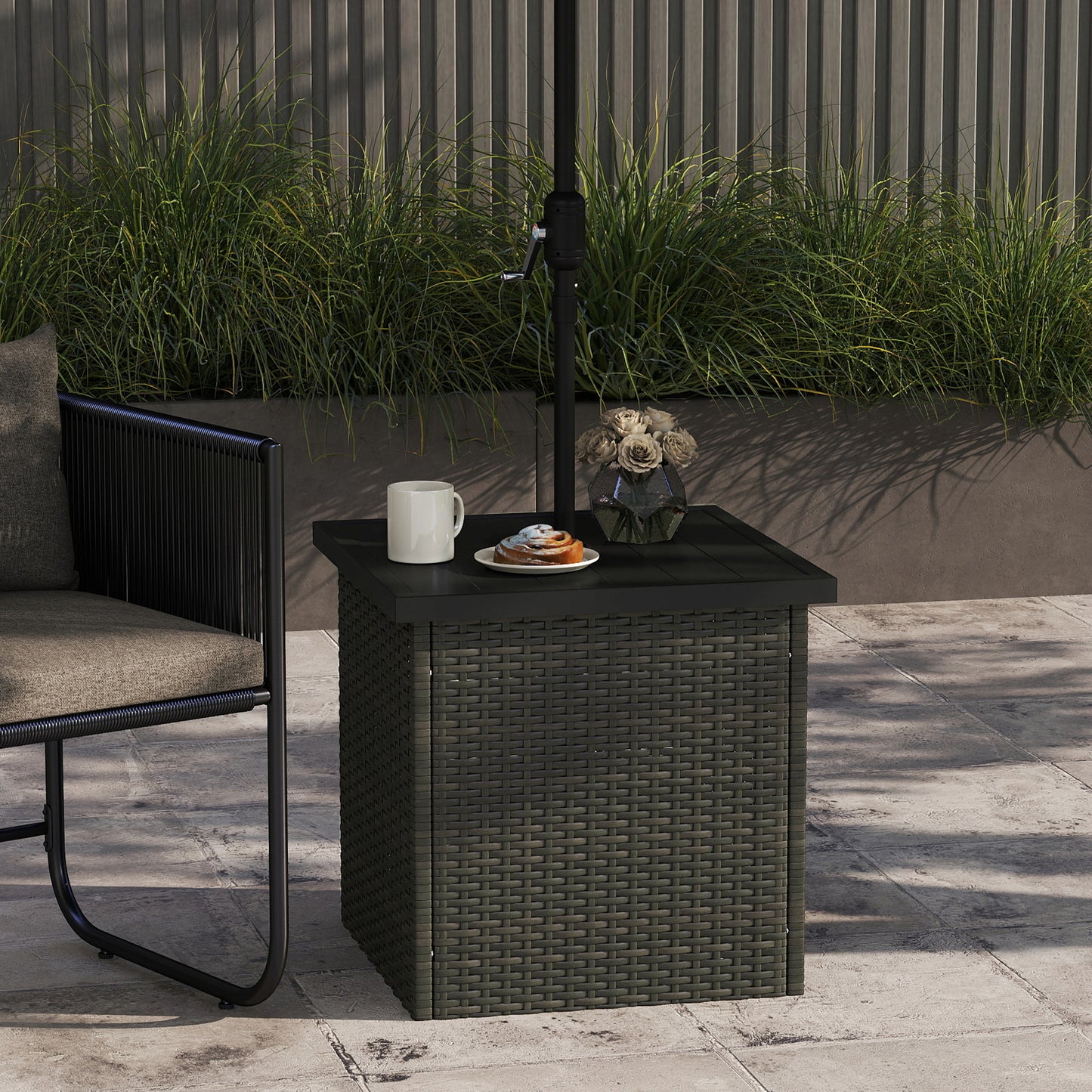 Outsunny All Weather Wicker Side Table with 1.5" Umbrella Hole, Square Outdoor End Table with UV-Resistant Frame, Storage Space for Patio, Mixed-Brown