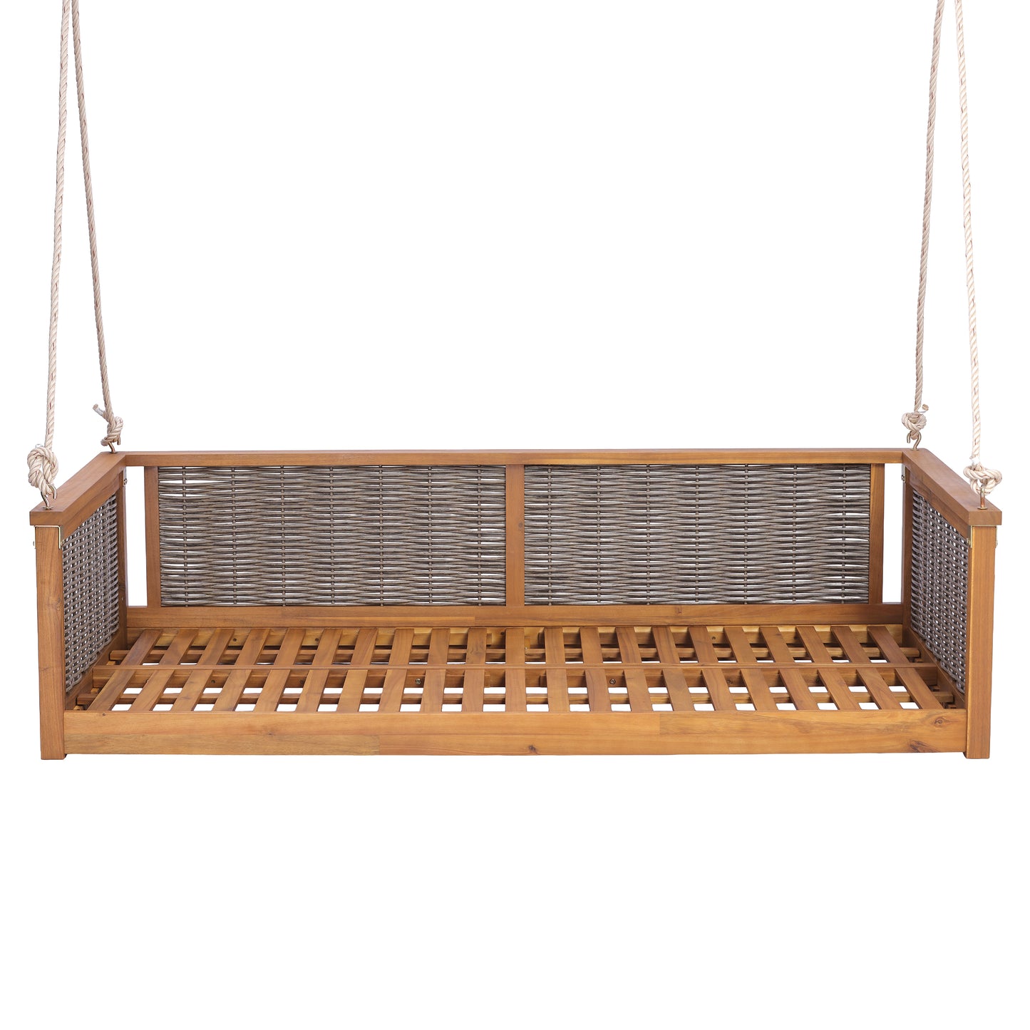 TOPMAX Outdoor Classic Solid Wood Twin Size Swing Bed,Garden Porch Rattan Swing Frame with Long Ropes for Poolside, Backyard,TEAK