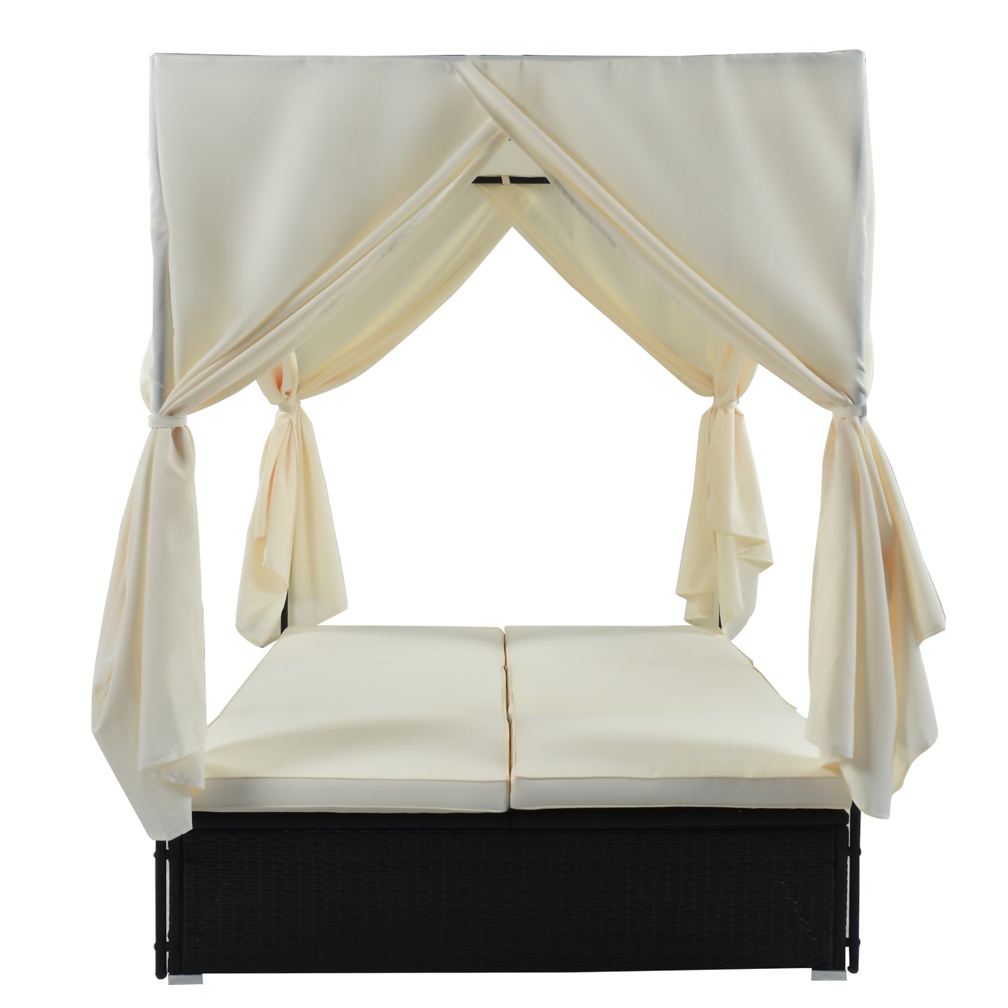 U_STYLE Outdoor Double Chaise Lounge Daybed with Curtains,Patio Outdoor Sunbed with Adjustable Backrest, Sturdy Steel Frame Loveseat Sofa for Backyard,Poolside, Terrace