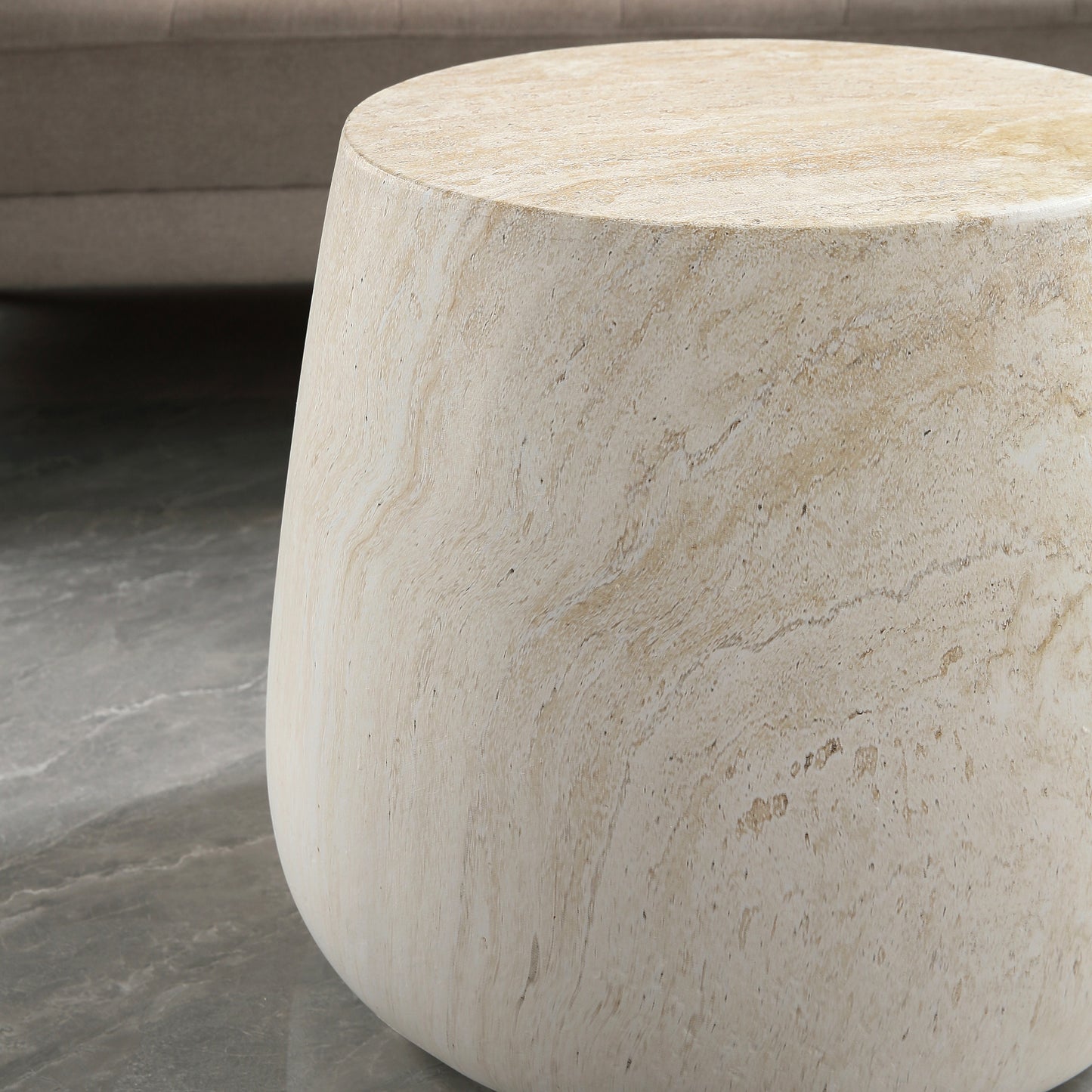 Light Travertine Finish Magnesium Oxide Tapered Side Table   14.57" Top Diameter Round End Table