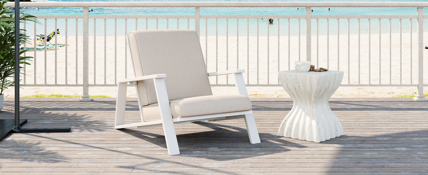Patio Lounge Chair, Outdoor Club Chair with Beige Cushion and White Acacia Wood Frame
