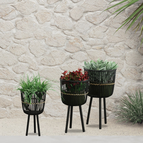S/3 Bamboo Footed PLANTERS 11/13/15", Black