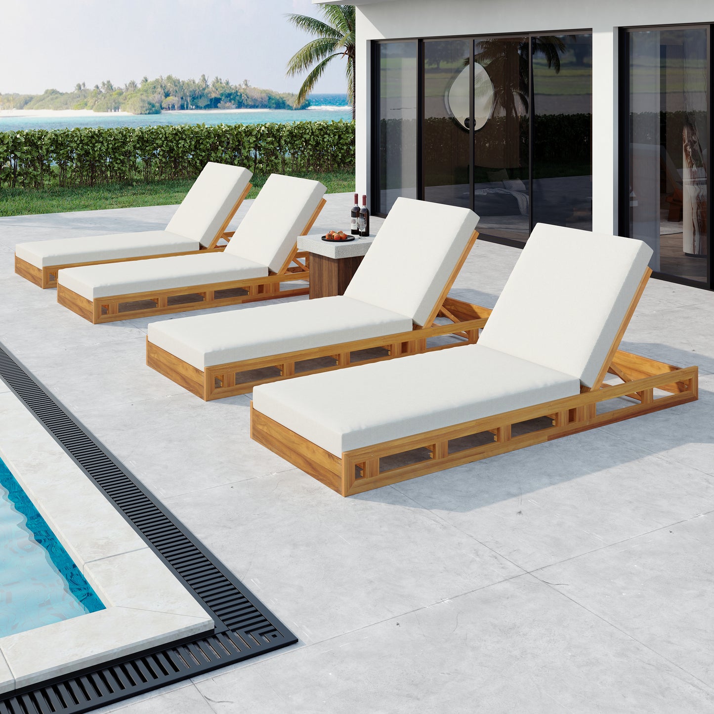 LOUNGE CHAISE SET, ACACIA WOOD WITH WATER-RESISTANT LOUNGE CUSHIONS (CREAM & 4 INCH THICK) - MATCHING DARK GREY VERSION AVAILABLE