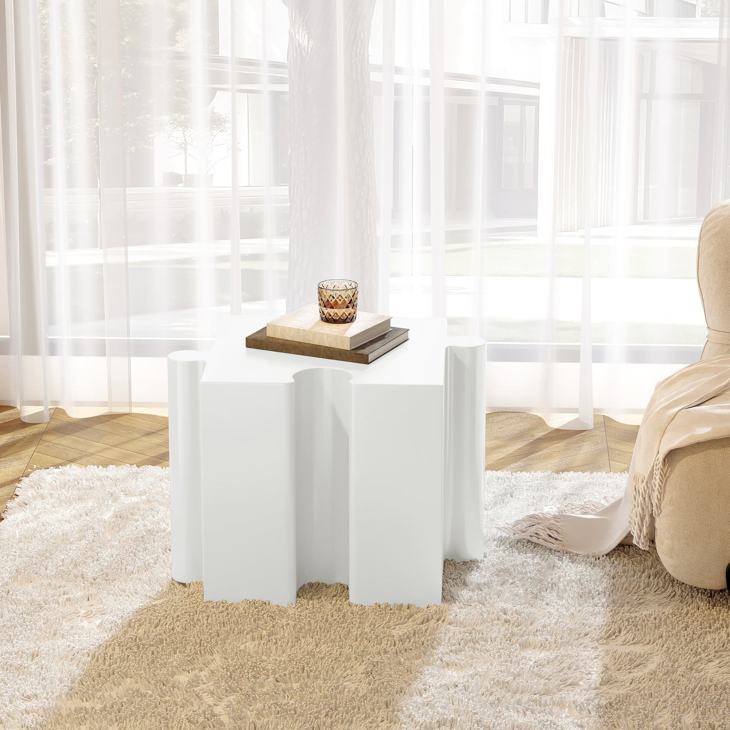 Puzzle Art Side Table, Modular Concave Edge MGO Table - Buy Singles or Combine for Custom Layouts, Indoor & Outdoor,White Color
