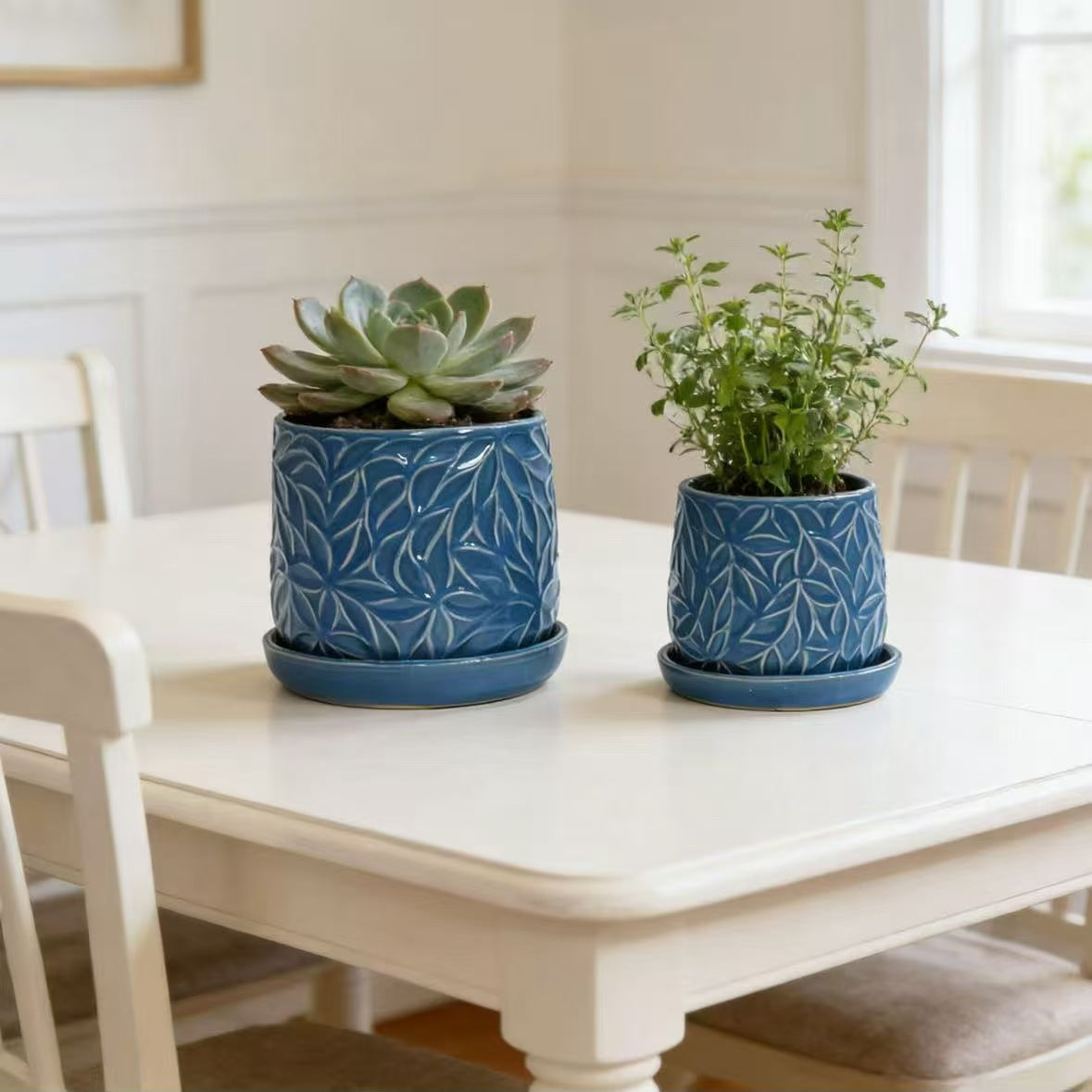 Handmade Ceramic Planter Set of 2, 6" & 8" Diameter, Deep Blue with Leaf Pattern, for Succulents & Herbs Indoor/Outdoor Shelf & Table Use, Breathable Clay with Saucers