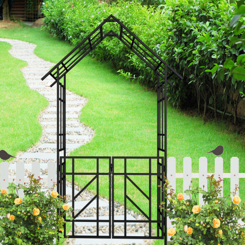 97.24 in. x 44.88 in. Metal Garden Arch Arbor with Gate for Outdoor Climbing Plants Support in Black