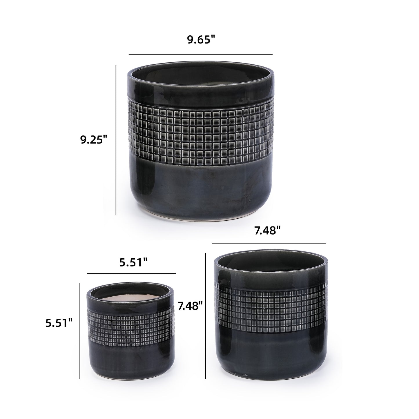 Handmade Black Glazed Ceramic Planter Set of 3, 9" 7" 6" Diameter, Grid Pattern, for Succulents & Cacti Indoor/Outdoor Shelf & Table Use, Porous Clay with Drainage Holes