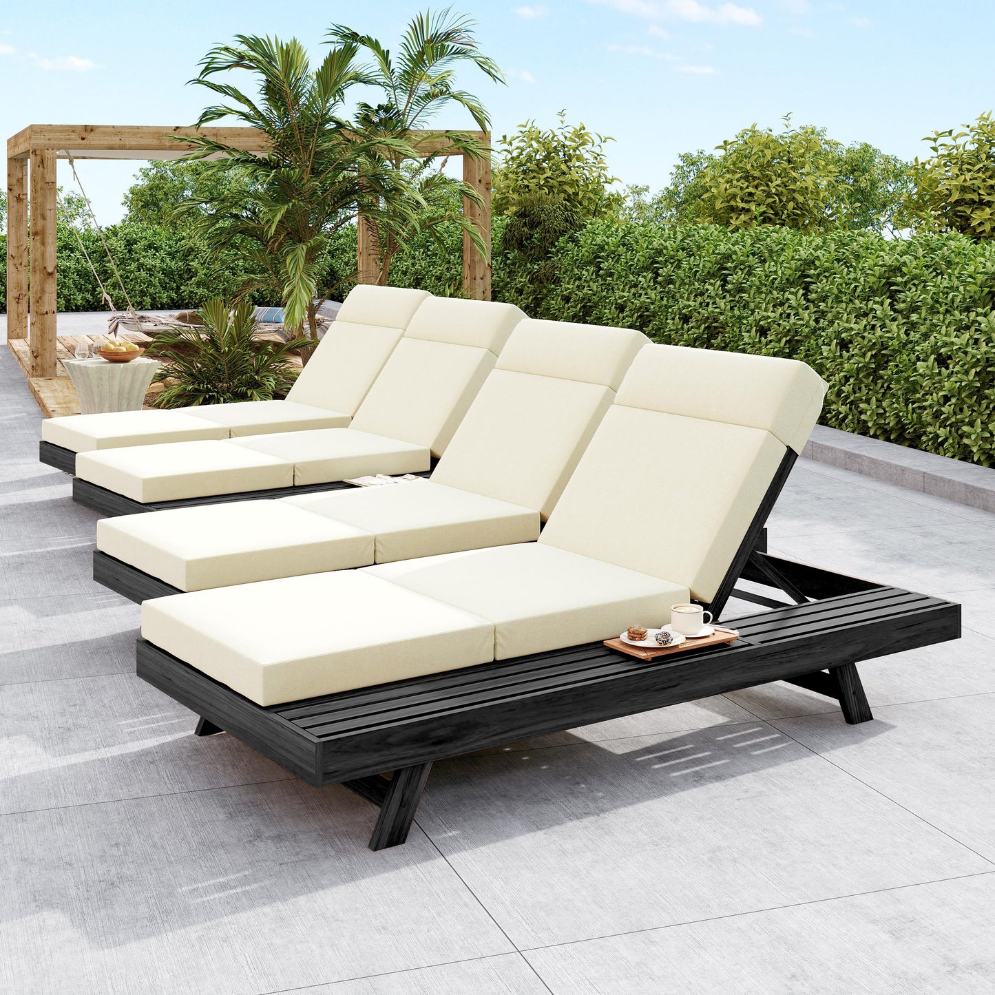 Lounge Chaise Set With Headrest, Space Available On One Side, Acacia Wood In Black With Water-Resistant Lounge Cushions (Beige & 3-Fold & 4 Inch) – Matching Dark Grey/Cream Version Available