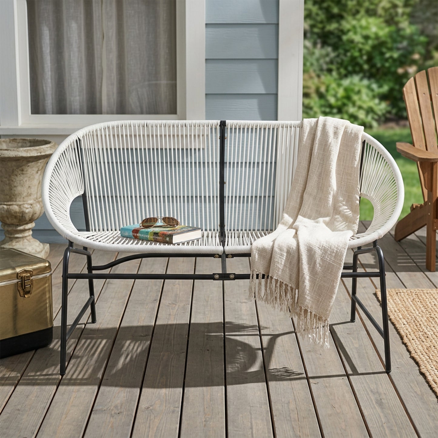 CONDESSA OUTDOOR PATIO WICKER LOVE SEAT, WHITE PE RATTAN &  IRON FRAME, SET OF 1