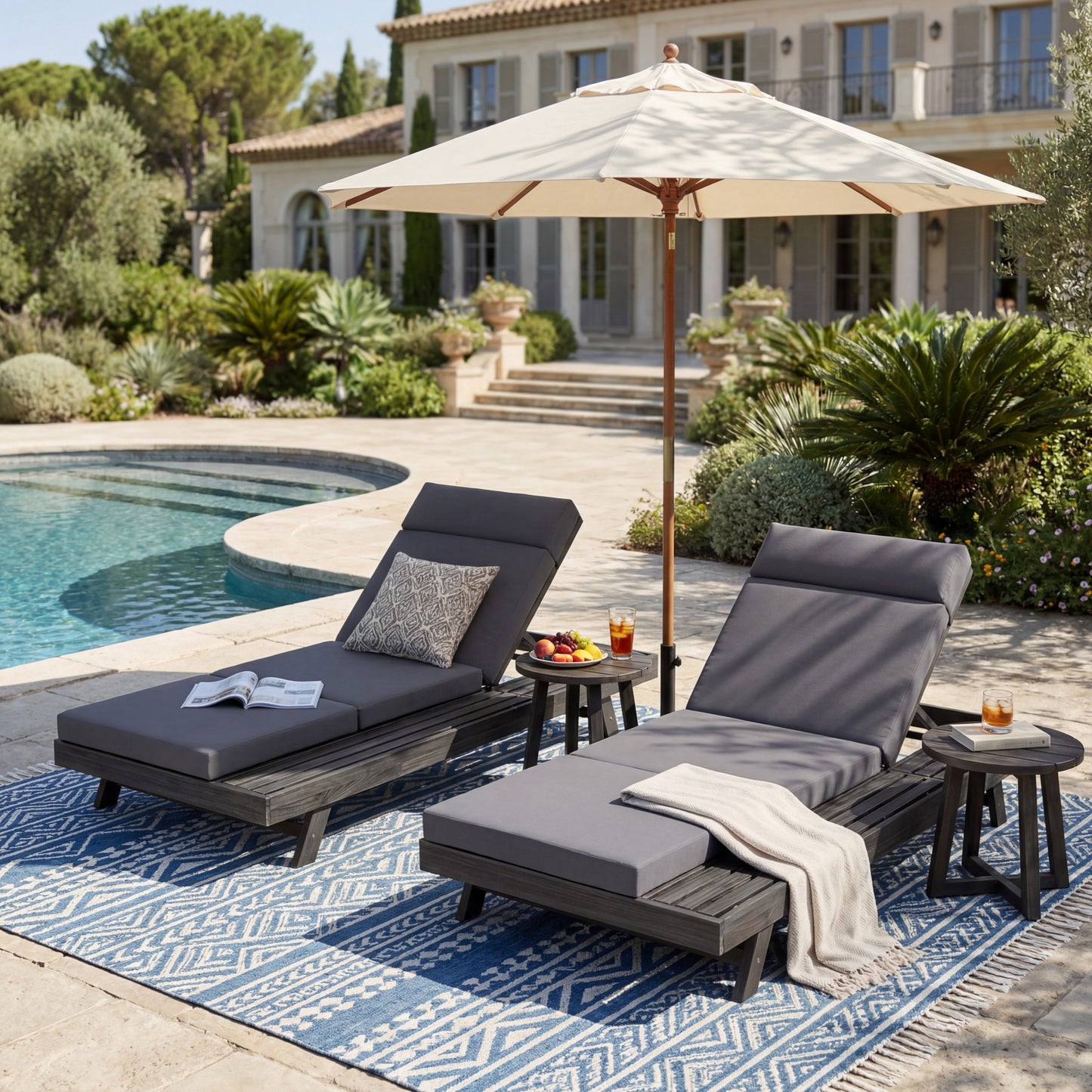 Lounge Chaise Set With Headrest, Space Available On One Side, Acacia Wood In Black With Water-Resistant Lounge Cushions (Dark Grey & 3-Fold & 4 Inch) – Matching Cream/Beige Version Available
