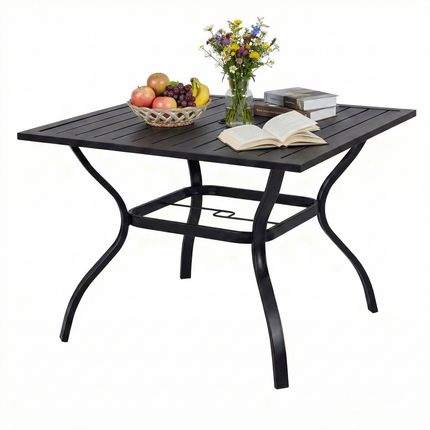 Metal Steel Slat Patio Dining Table Square Backyard Bistro Table Outdoor Furniture Garden Table