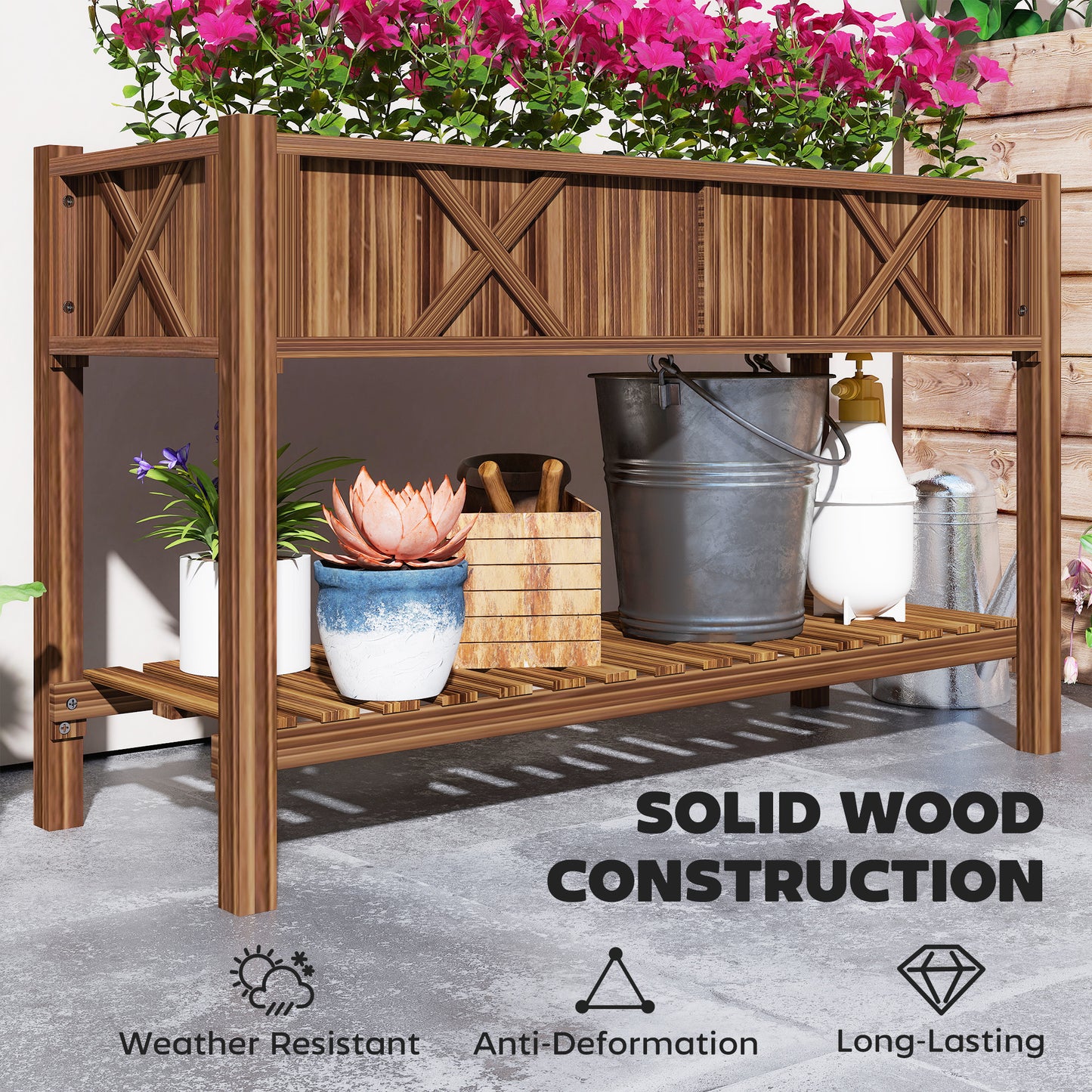 Dual-Tier Raised Garden Bed,Elevated Wood Planter Box,with Storage Shelf,Drainage Holes,and Liner