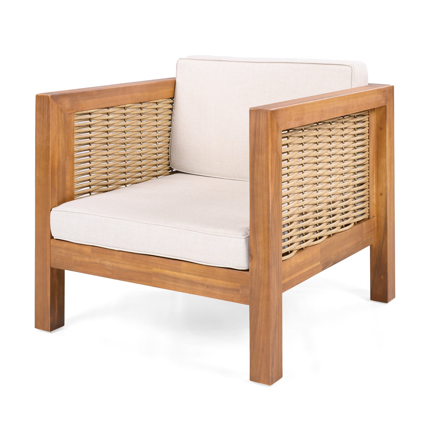 Acacia Wood Outdoor Club Chair with Wicker Armrest and Beige Cushions,400 lbs Capacity