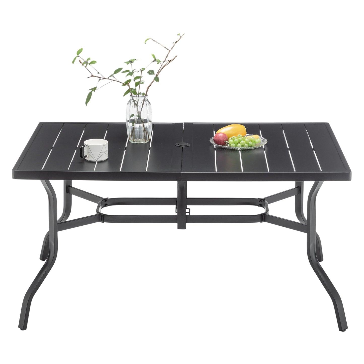 Outdoor Dining Table for 6, Powder-Coated Steel Slat Top with 2.16" Umbrella Hole, Anti-Slip Pads, E-Coating Frame, All-Weather Black Patio Table for Garden, Poolside, Backyard