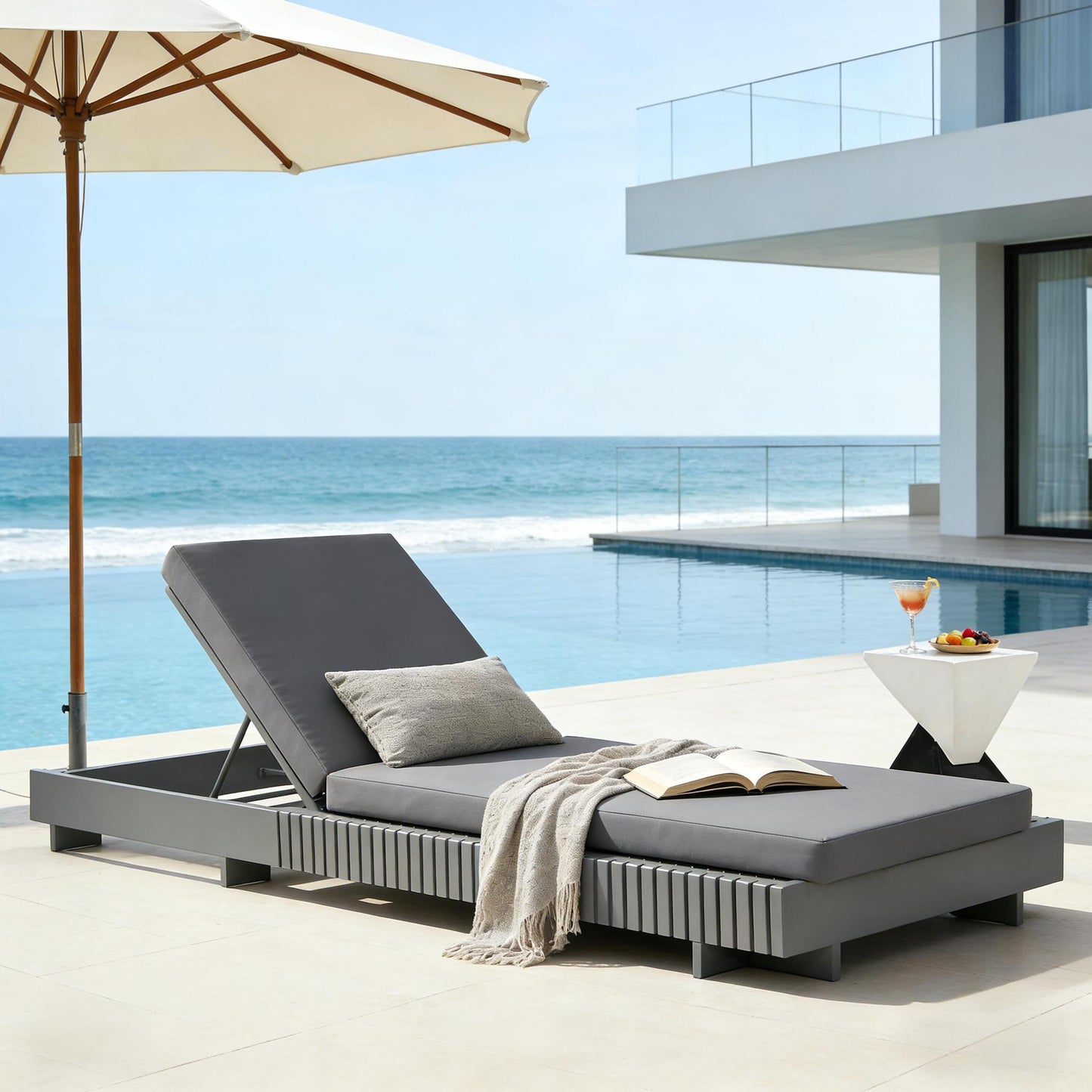 Dark Grey Acacia Solid Wood Outdoor Chaise Lounge with Dark Grey Water-Repellent Cushion, 400lbs Capacity, Modern Patio Sun Lounger for Garden, Poolside
