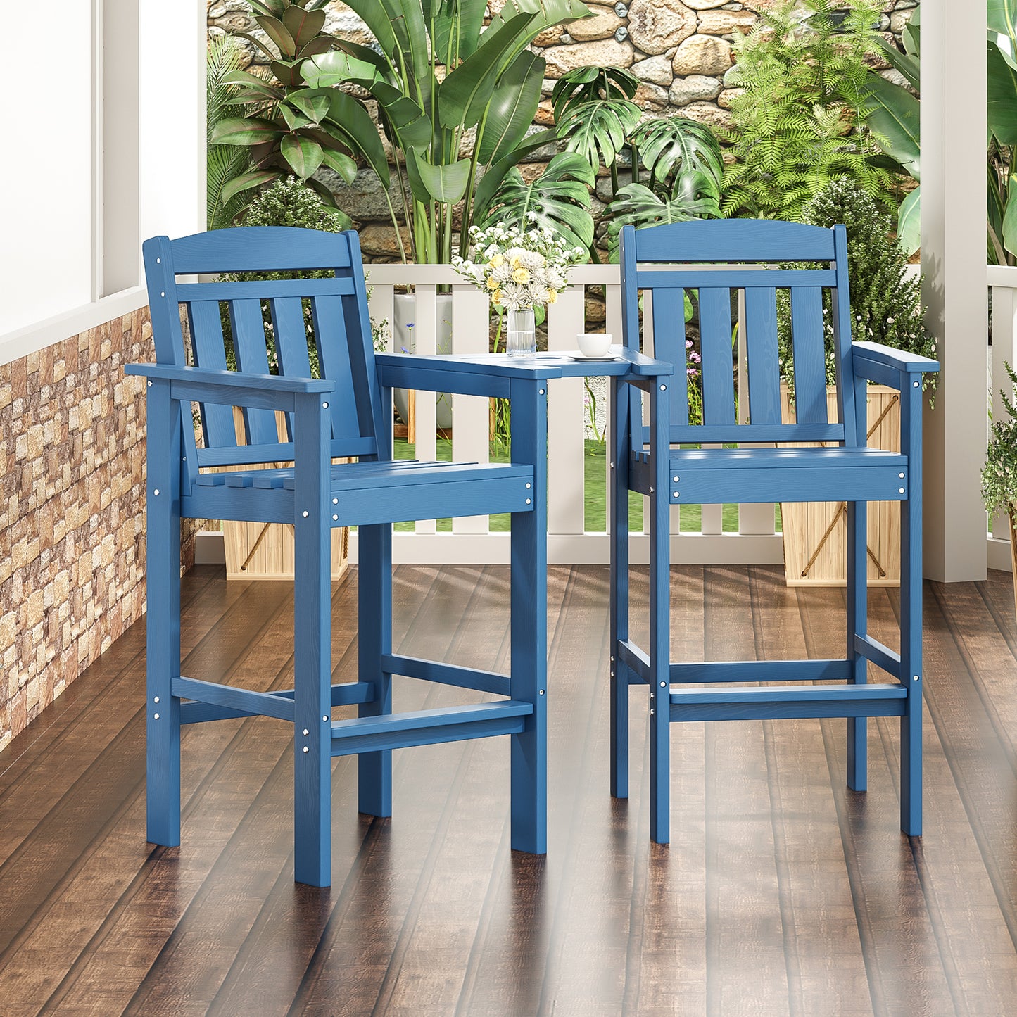 Tall Adirondack Chairs Set of 2, HDPE Adirondack Bar Stools with Connecting Tray, Bar Height Adirondack Chair Patio Barstool, Ideal All Weather Tall Patio Chair for Balcony, Poolside, Backyard