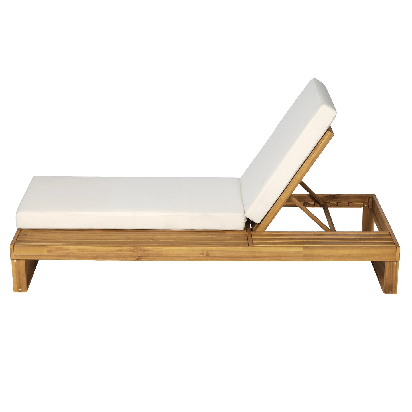 Teak Finish Acacia Wood Chaise Lounge with 4-Inch Cream 2-Fold Cushion Set, 4-Position Adjustable Outdoor Patio Lounger with Flat Side Surface, for Poolside - Matching dark grey version available