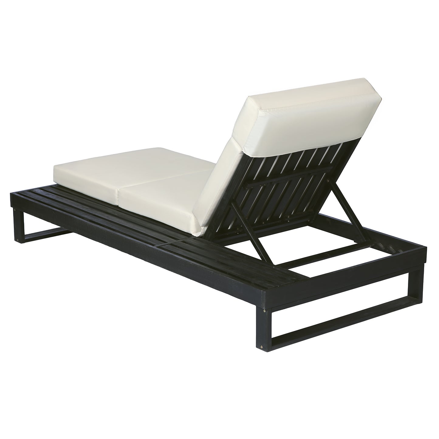 Black Acacia Wood Chaise Lounge with 4-Inch Beige 4-Fold Cushion Set, Adjustable Outdoor Patio Lounger with Flat Side Surface, for Poolside- Matching cream,dark gray version available