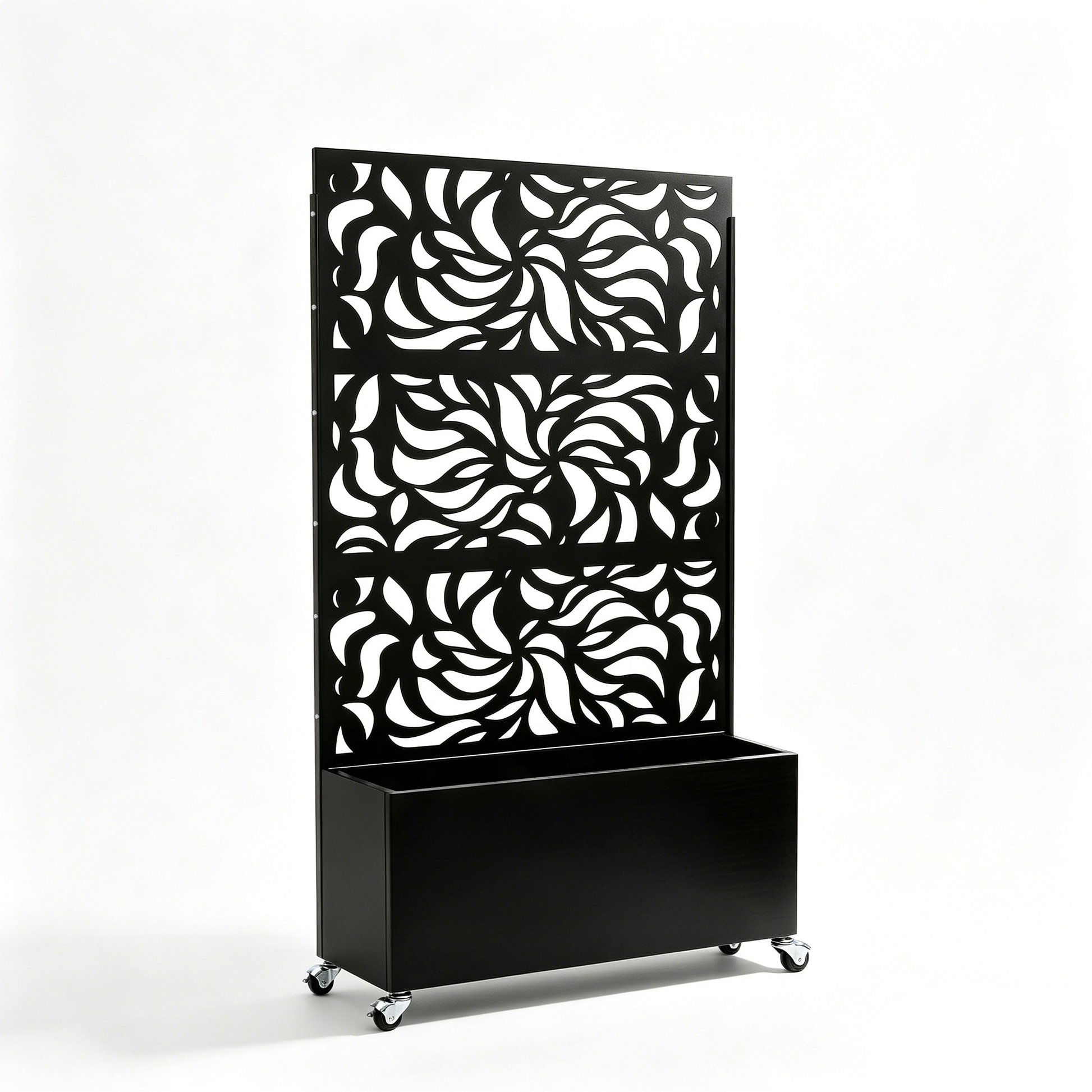 70.87" H × 46.06" W Leaf Pattern Privacy Screen with Planter Box, Black Metal Freestanding Decorative Fence Planter for Patio Balcony Backyard