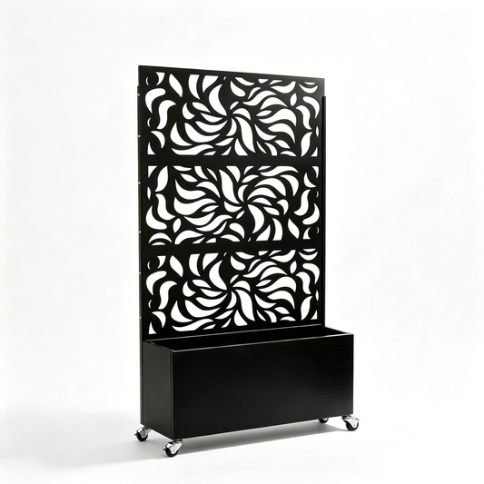 70.87" H × 46.06" W Leaf Pattern Privacy Screen with Planter Box, Black Metal Freestanding Decorative Fence Planter for Patio Balcony Backyard