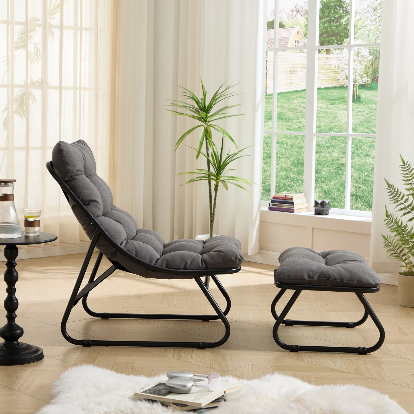 Patio Outdoor Lounge Chair with Ottoman, Comfy Sling Recliner Chair with Puffy Cushion and Foot Stool,   Ideal for Living Room, Bedroom, Reading Room, Black frame with grey cushion