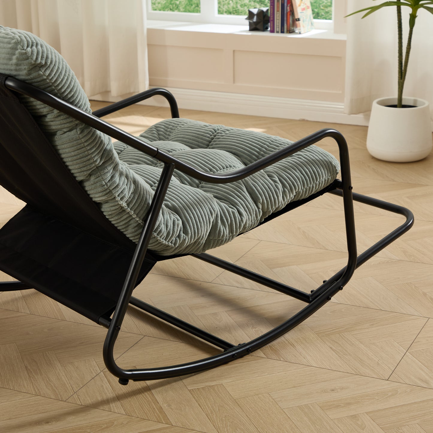 Outdoor Rocking Chair, Comfy Cushion, with Soft Thick Cushion,for Living Room, Bedroom, Reading Room, Black Frame with Light green Cushion