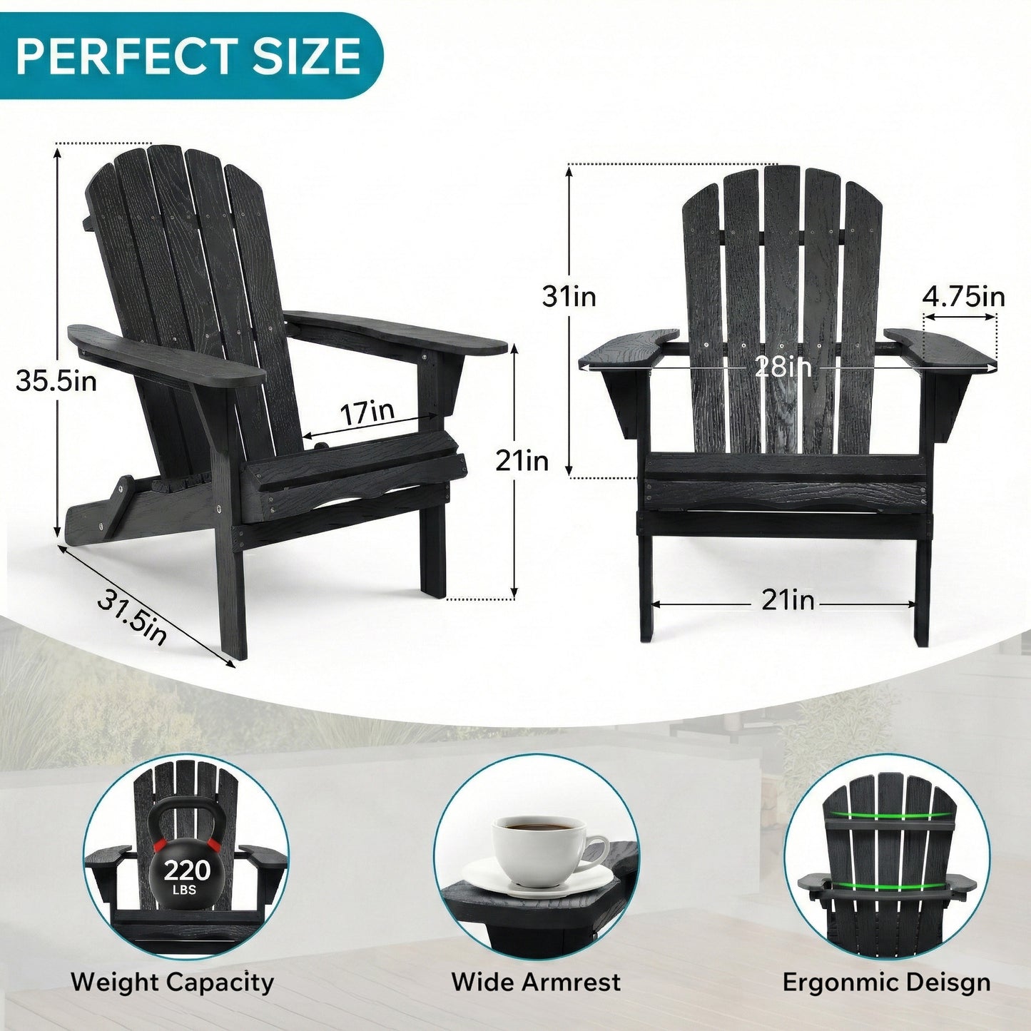 Wood Lounge Patio Chair for Garden Outdoor Wooden Folding Embossed Adirondack Chair Solid Wood Lounge Patio Chair with Wood Grain