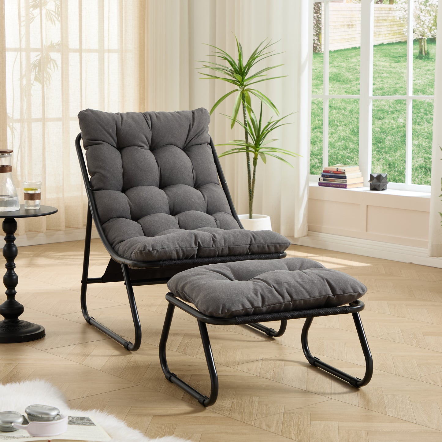 Patio Outdoor Lounge Chair with Ottoman, Comfy Sling Recliner Chair with Puffy Cushion and Foot Stool,   Ideal for Living Room, Bedroom, Reading Room, Black frame with grey cushion