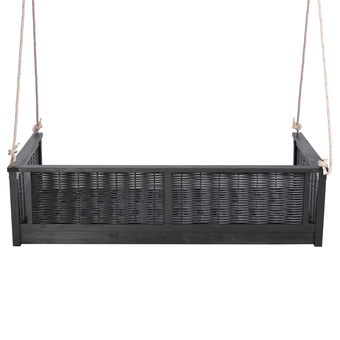 TOPMAX Outdoor Classic Solid Wood Twin Size Swing Bed,Garden Porch Rattan Swing Frame with Long Ropes for Poolside, Backyard, BLACK