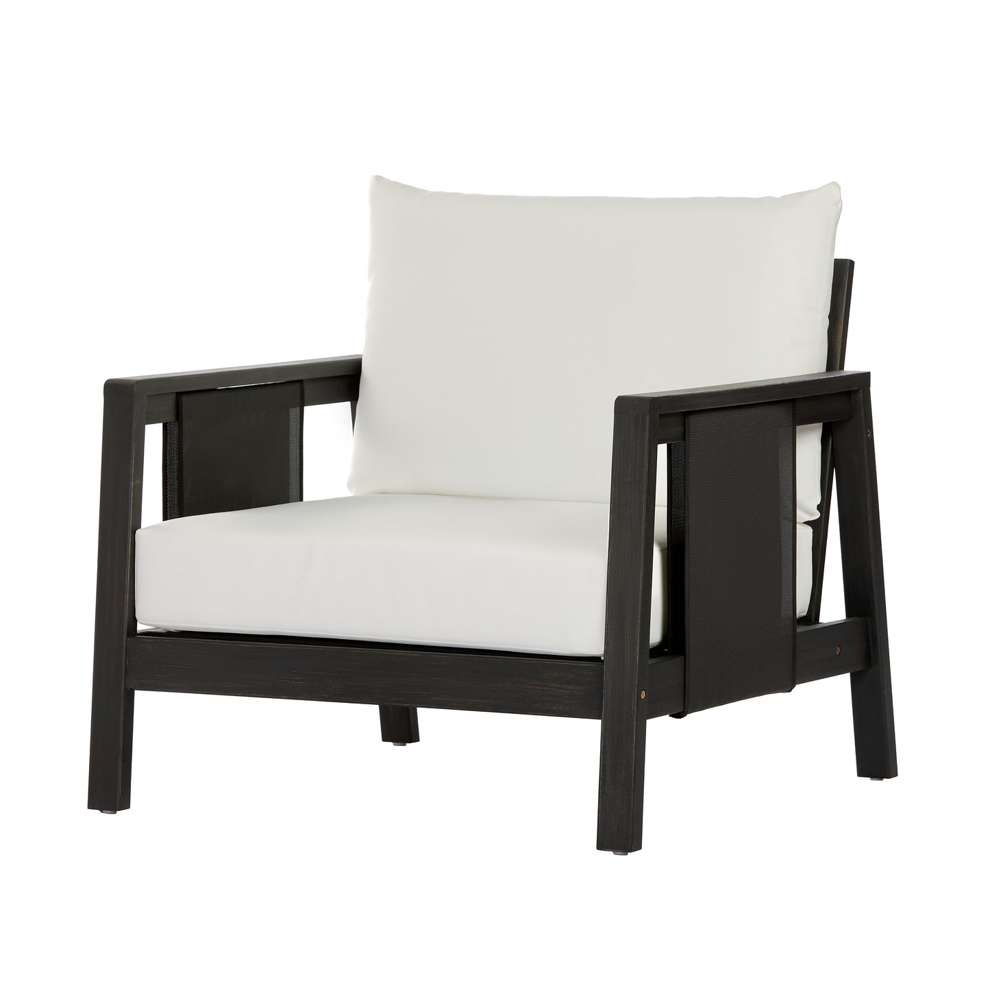Outdoor Club Chair, Acacia Wood Frame with Black Textilene Accents, Water-Repellent White Cushions for Patio/Backyard/Deck