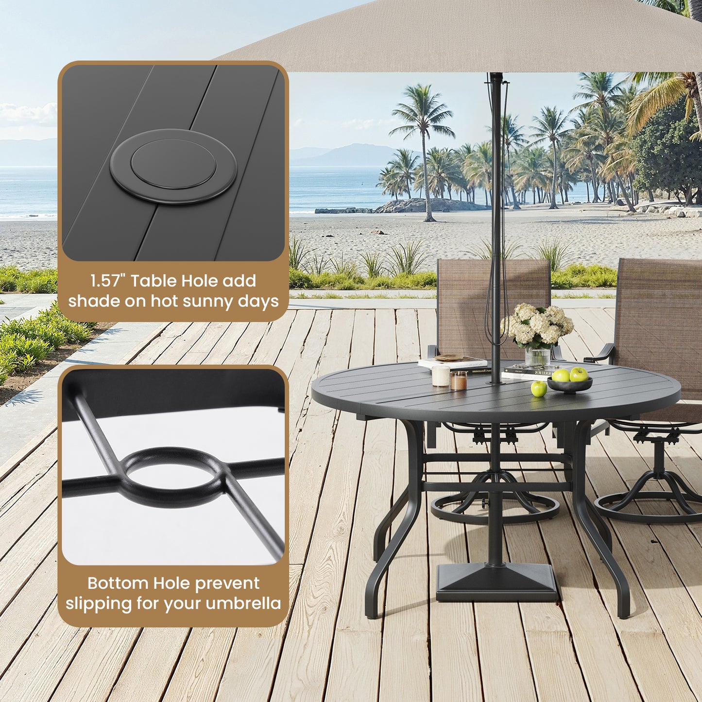 Round Outdoor Patio Dining Table, 47" Round Patio Table Wood-Like Grain with 1.57" Umbrella Hole, Metal Outdoor Dining Tables for Backyard and Poolside