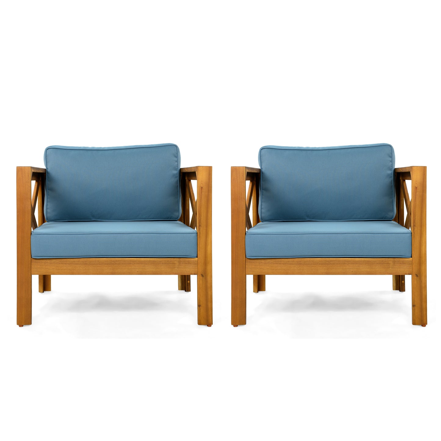 Outdoor Acacia Wood Club Wooden Armchair with Cushions (Set of 2), Conversation Set,Teak Finish,Blue cushion