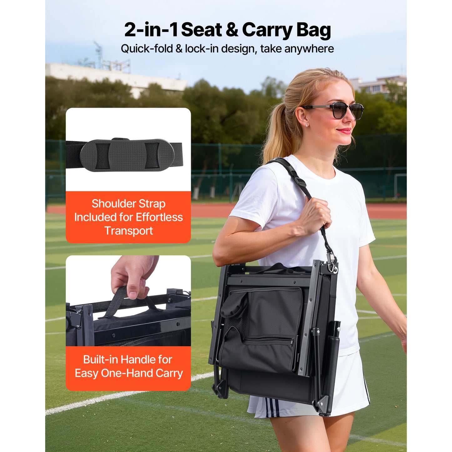 Stadium Seat, Portable Bleacher Seat with Armrest, Back Support and Thick Cushion, Bench Chair for Bleacher Includes Shoulder Strap, Hooks, Cup Holder, Black Football Bleachers Seats, 2PCS