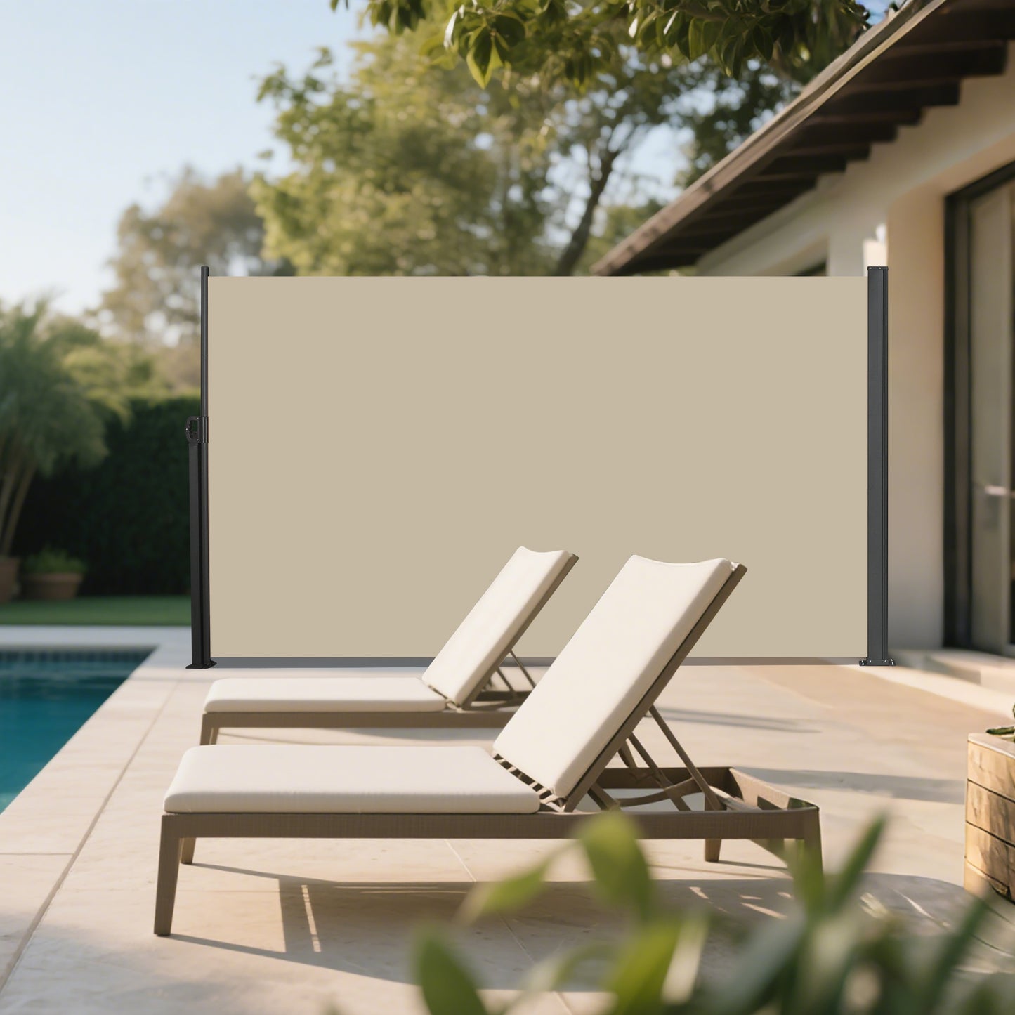 Retractable Side Screen Awning, UV Resistant, Waterproof, Patio Privacy Screen for Garden, Balcony, Courtyard(Dark Grey), 118" x 71"-Beige