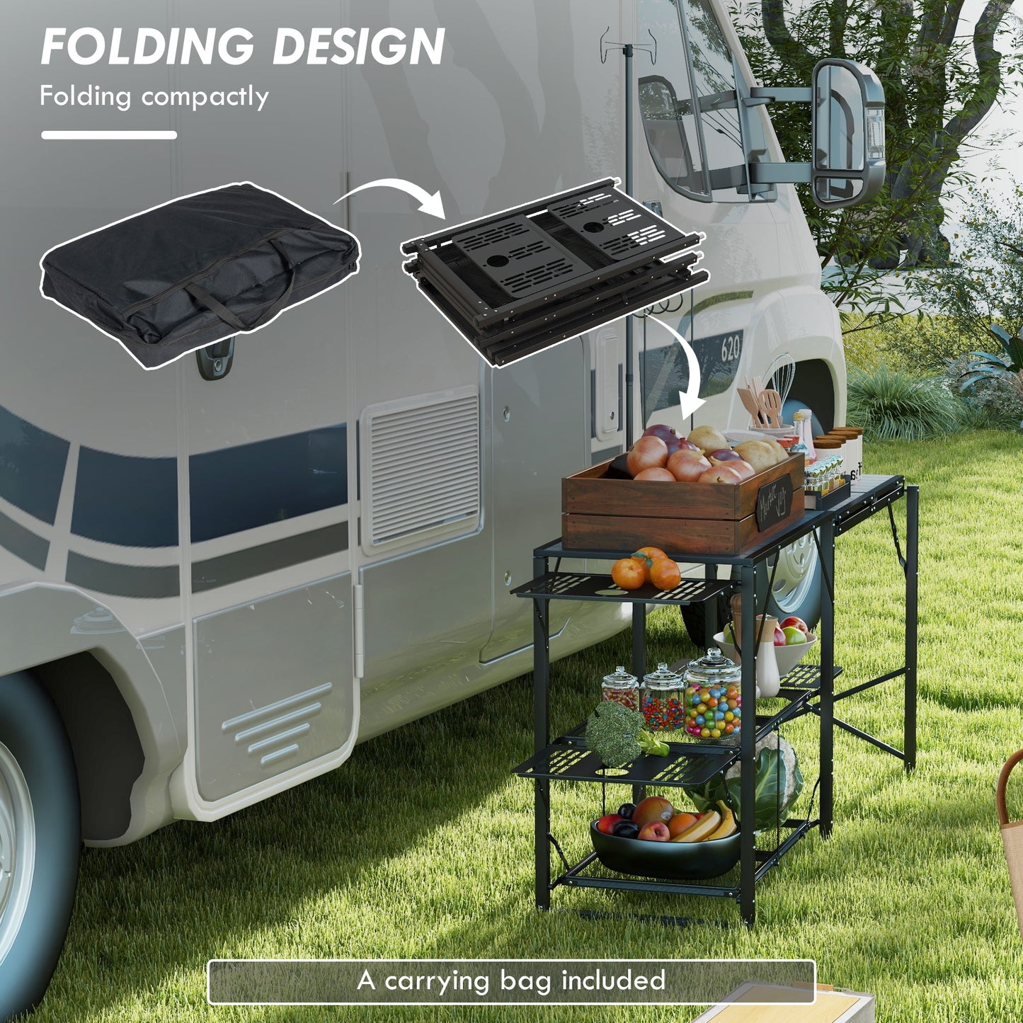 Outsunny Folding Camp Kitchen Table, Portable Camping Cooking Station with Adjustable Lantern Holder, Hanging Hooks and Carrying Bag for Outdoor Picnic Beach BBQ Traveling