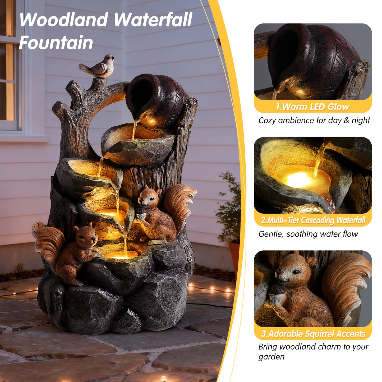 Squirrel Outdoor Water Fountain with Lights Waterfall Garden Decor Resin Tree Stump Pouring Jug for Patio Yard Porch