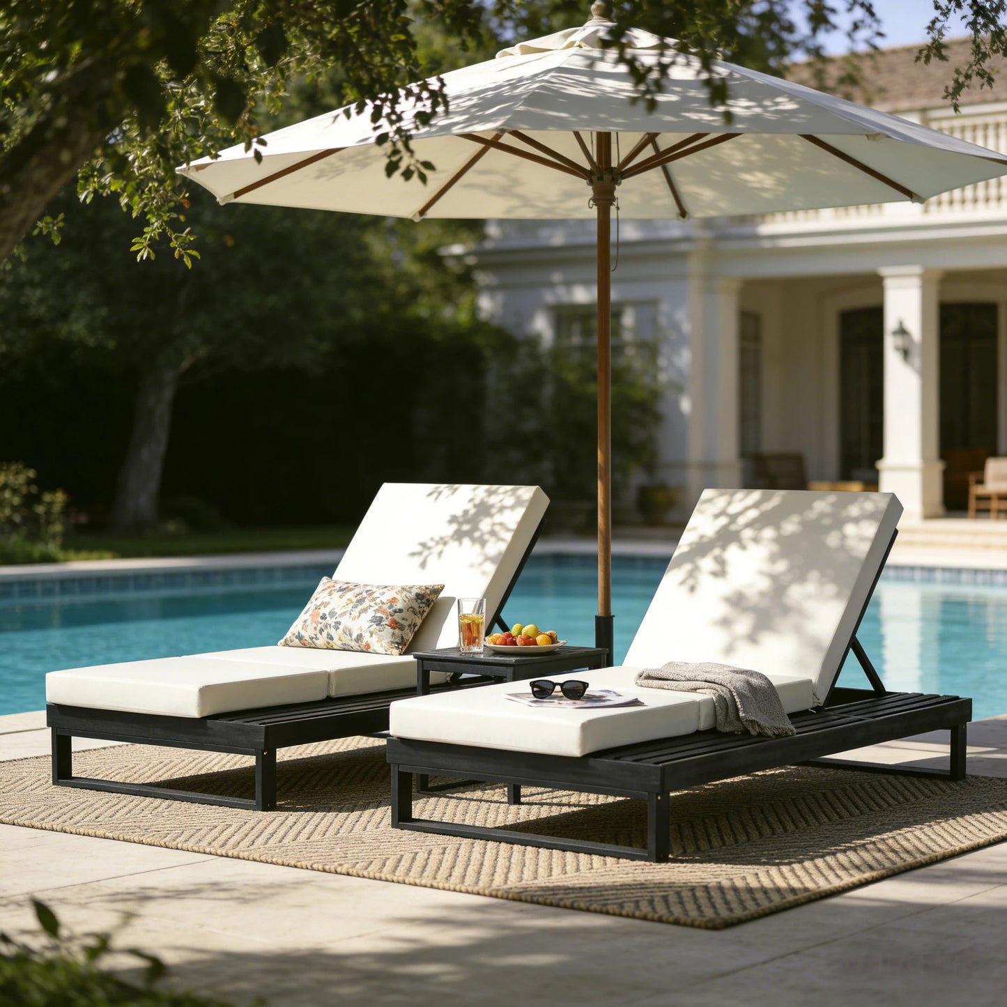 Black Acacia Wood Chaise Lounge with 4-Inch Cream 3-Fold Cushion Set, 4-Position Adjustable Outdoor Patio Lounger with Flat Side Surface, for Poolside-Matching dark grey version available