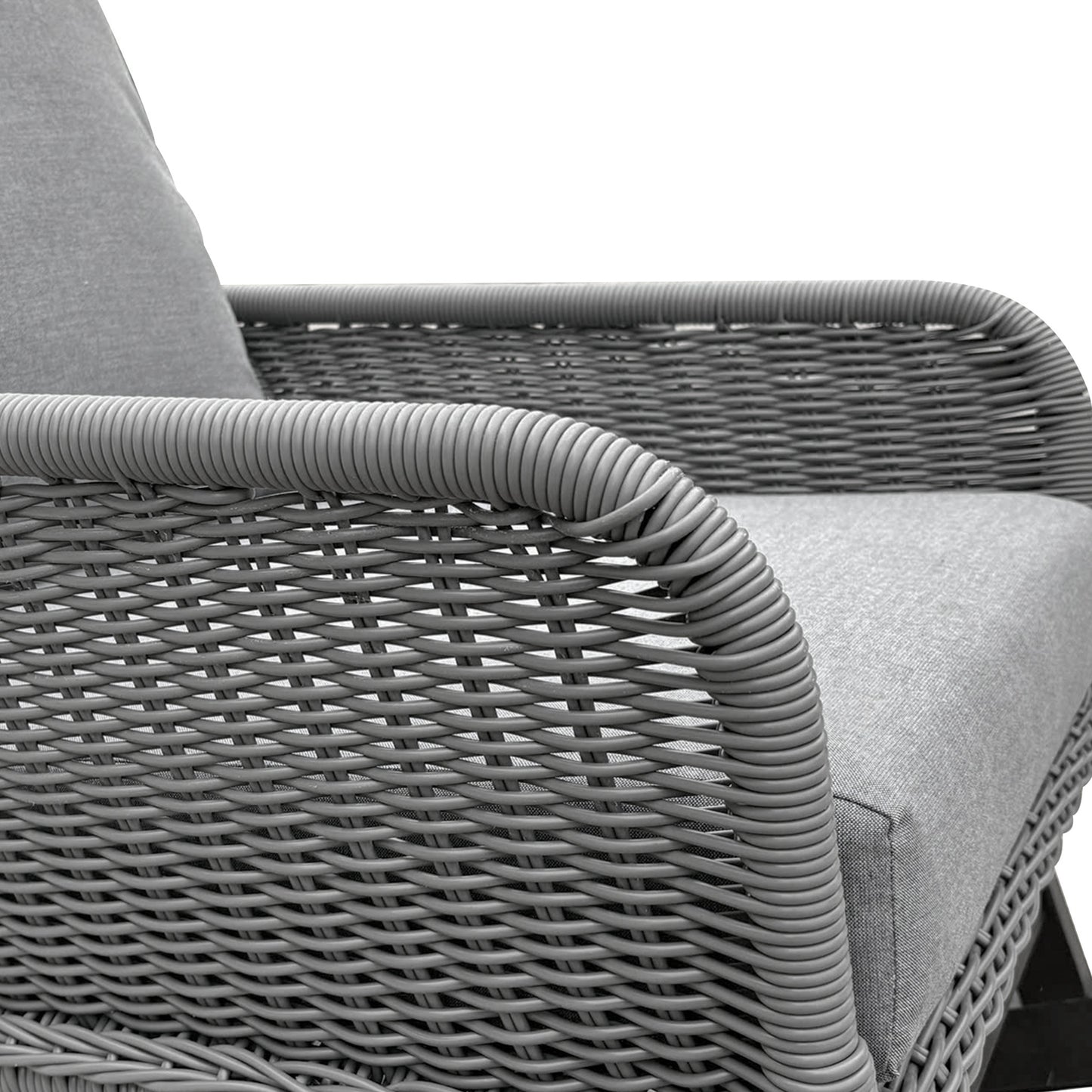 Contemporary Minimalist Gray Wicker Rocking Chair with Soft Polyester Cushions and Durable Wooden Frame, Perfect for Indoor and Outdoor Spaces like Patio, Balcony, or Living Room
