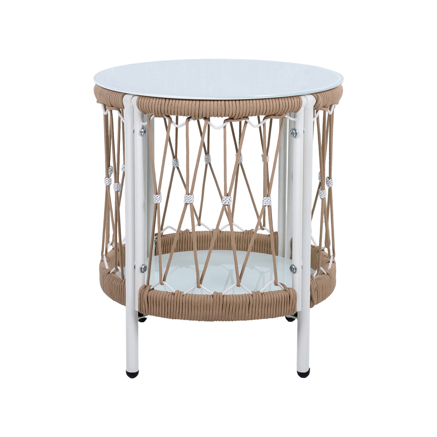 17.32" Bohemian Garden Accent Outdoor Side Table - Handwoven Rope with Powder-Coated Steel Frame, Glass Top, Small Patio End Table for Drinks, Plants