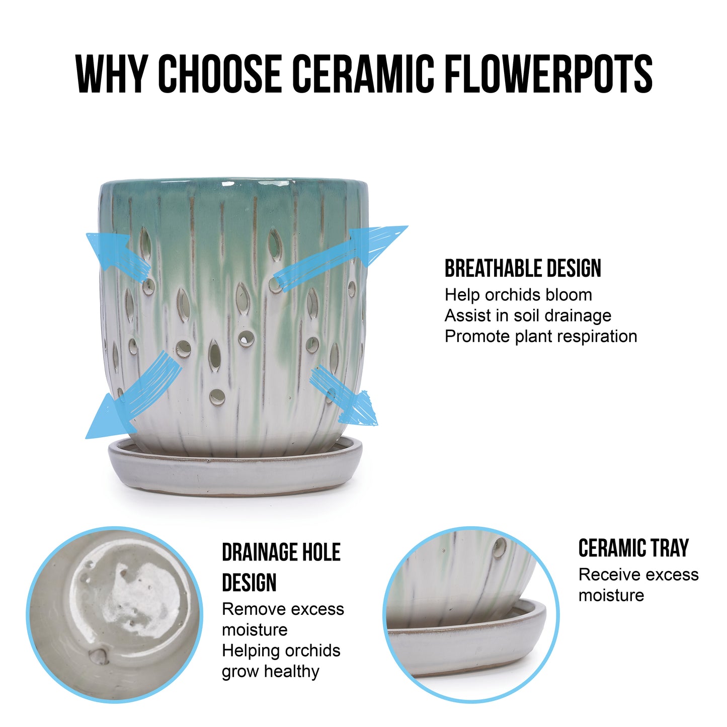 Handmade Green-White Gradient Ceramic Planter Set (7.48"×5.51" & 8.07"×6.1"), Indoor & Outdoor Flower Pots for Orchids, Succulents by Window, Breathable Holes & Lightweight