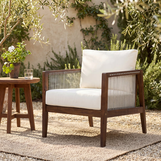 Outdoor Club Chair, Acacia Wood Frame with Rope Back, Water-Repellent Beige Cushions for Patio/Backyard/Deck, Dark Brown