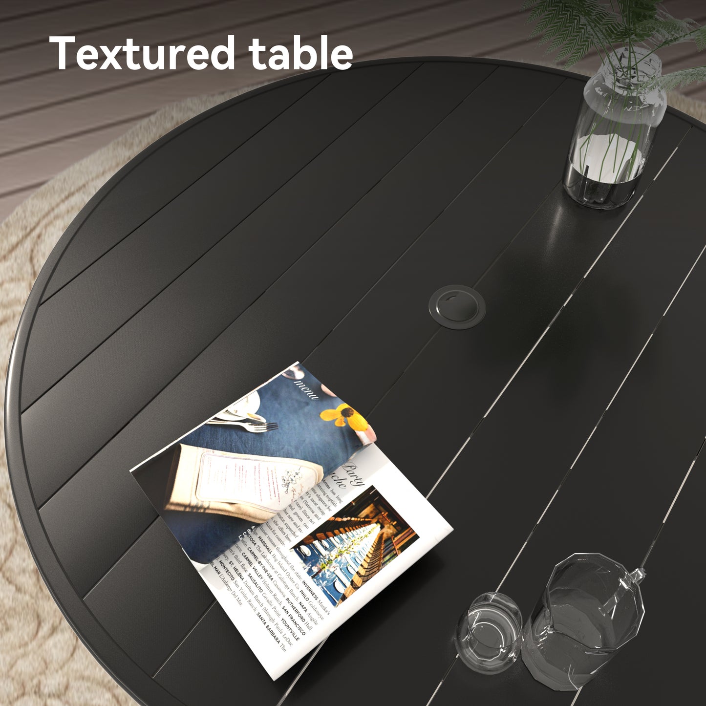VRSHWO"Outdoor Round Patio Dining Table for 4-6, All Weather Metal Dining Table with Umbrella Hole for Deck Lawn Garden Backyard