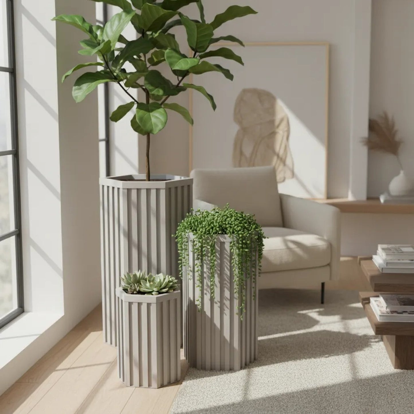 Hexagon Column Planter LG - Grey Brown