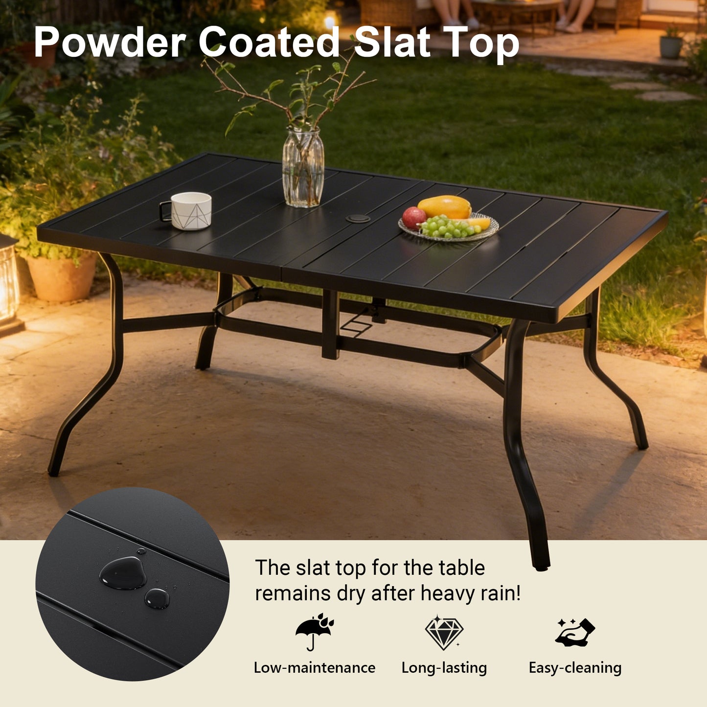Outdoor Dining Table for 6, Powder-Coated Steel Slat Top with 2.16" Umbrella Hole, Anti-Slip Pads, E-Coating Frame, All-Weather Black Patio Table for Garden, Poolside, Backyard