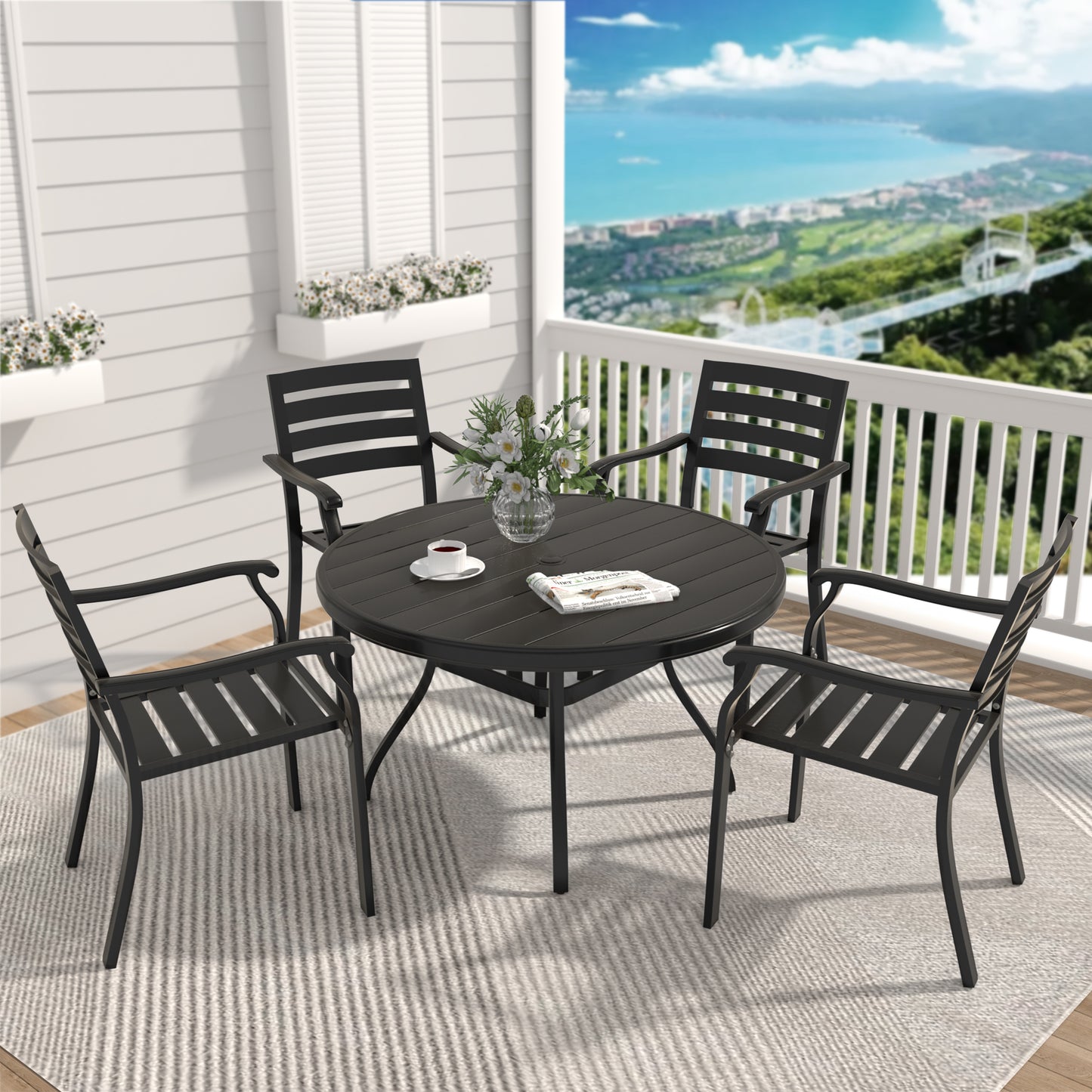 VRSHWO"Outdoor Round Patio Dining Table for 4-6, All Weather Metal Dining Table with Umbrella Hole for Deck Lawn Garden Backyard
