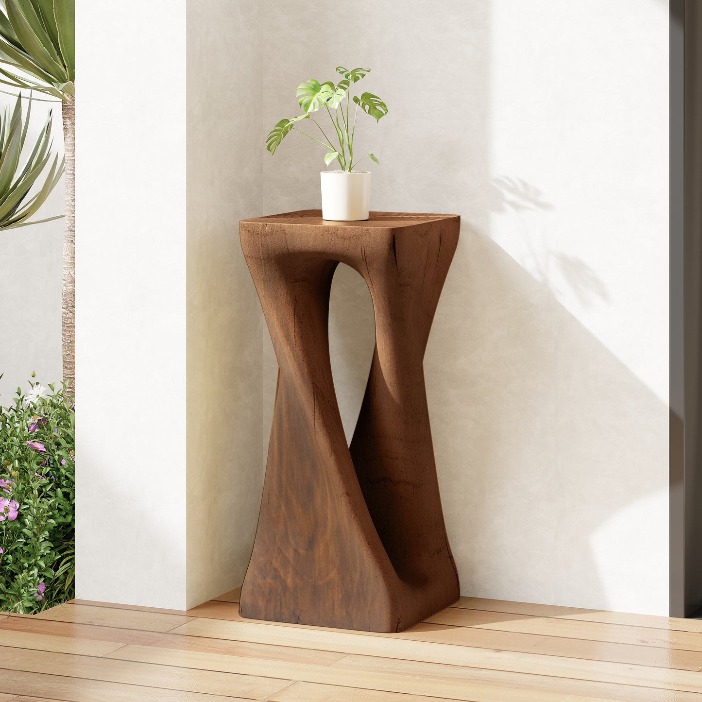 Outdoor Side Table,Twist Shape End Table,Decorative Accent Table,Garden Stool Table for Patio Balcony Beach Pool Side,Lightweight Concrete,Wood Like Texture,Antique brown Color