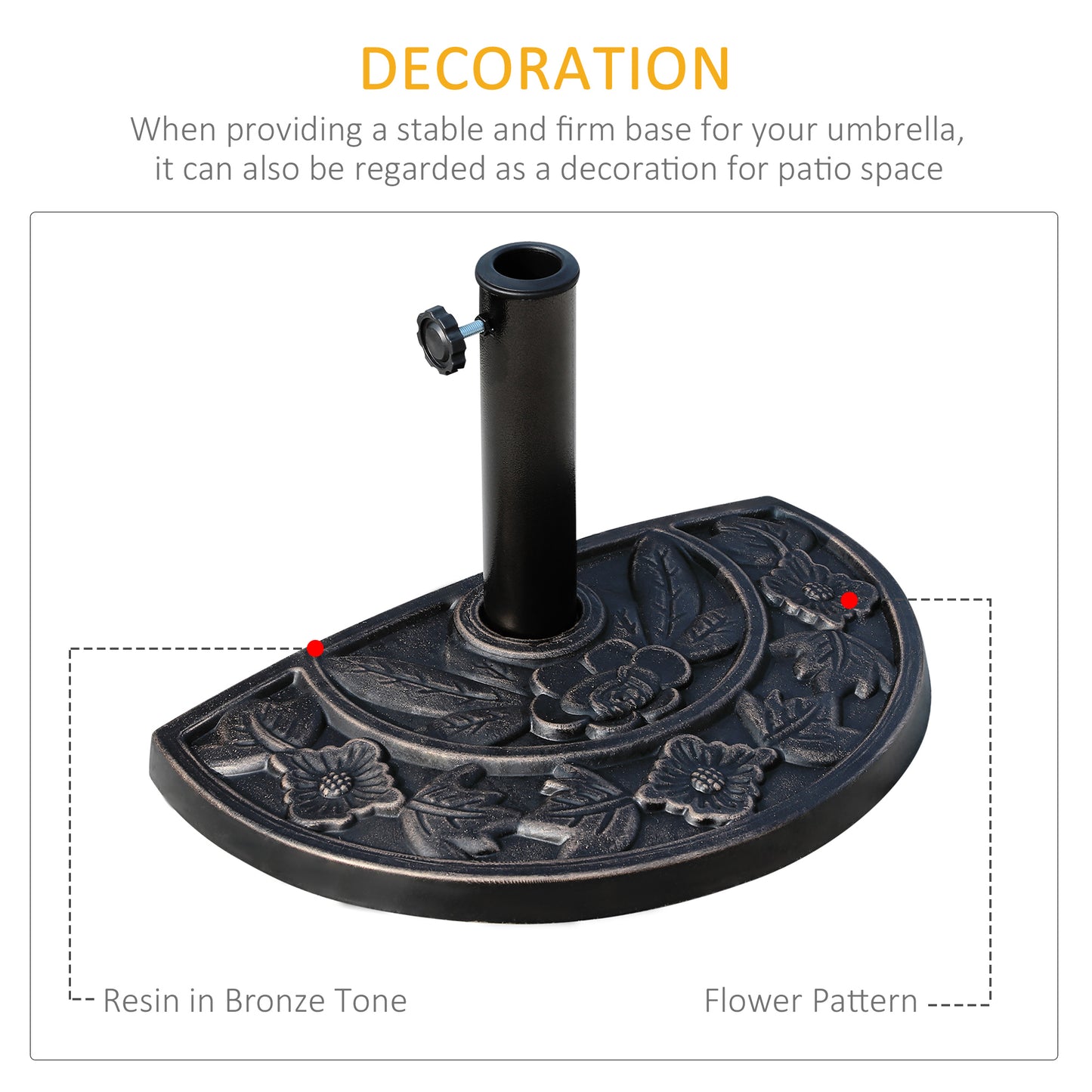 Outsunny 20lbs Half Round Patio Umbrella Base Outdoor Decorative Resin Parasol Stand Holder for Φ1.5", Φ1.9" Pole, for Lawn, Deck, Backyard, Garden, Bronze