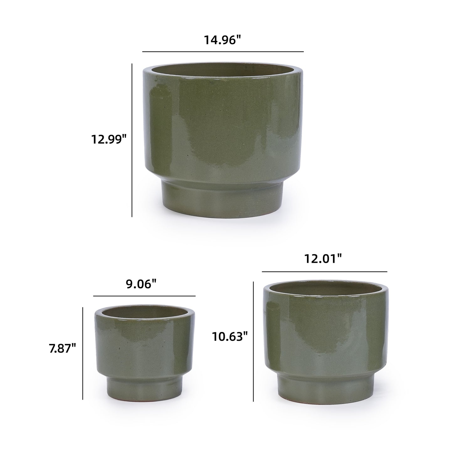 Handmade Solid Glaze Ceramic Planter Set of 3, 15/12/9 Inch Diameter, for Succulents & Flowers Outdoor Garden & Indoor Staircase Use, Breathable Porous Clay, Earthy Green